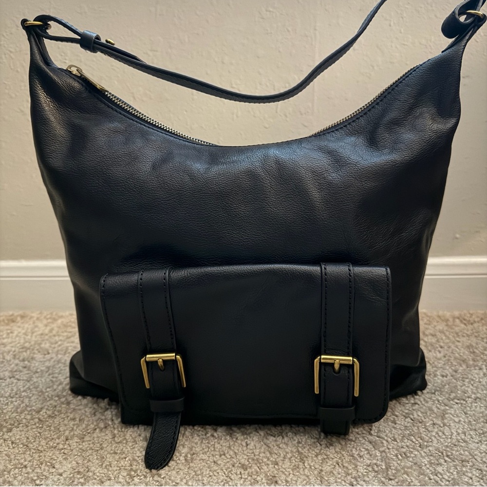 Fossil Cleo Black Pebble Leather Hobo Shoulder Bag